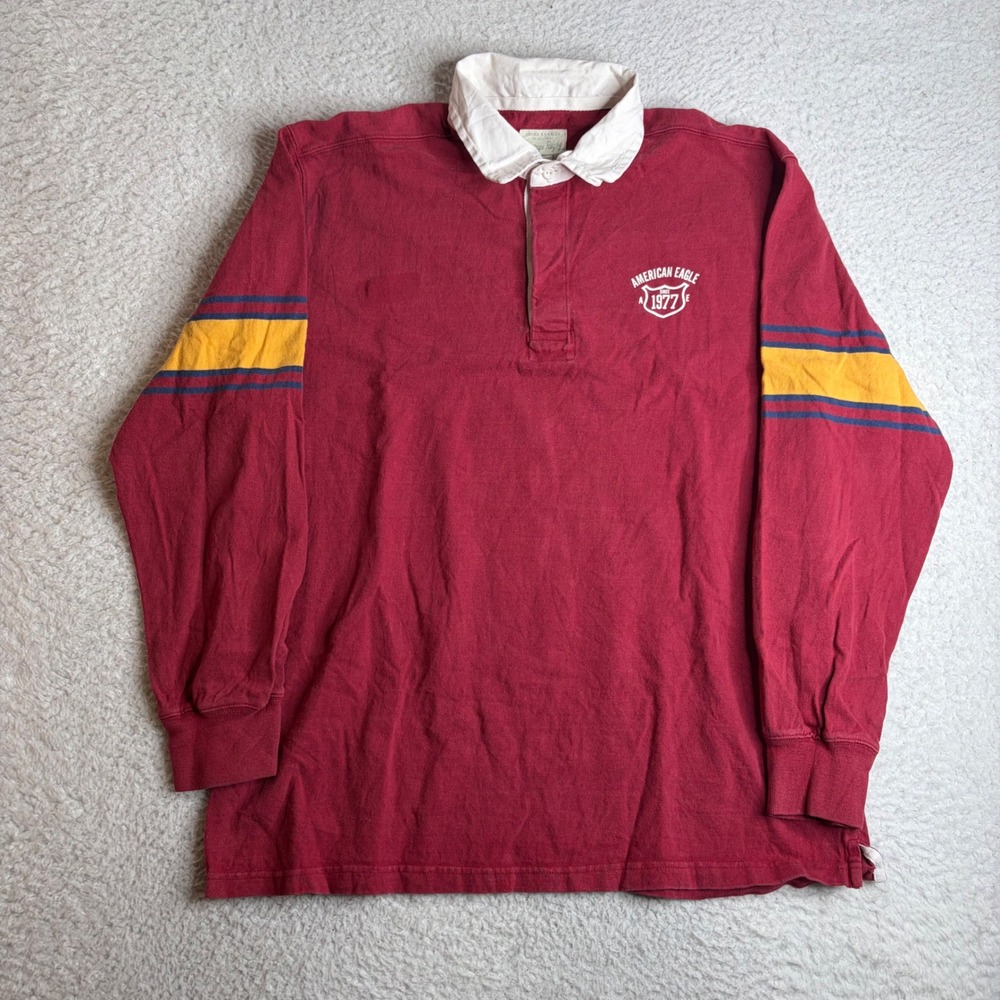 American Eagle Vintage Rugby Shirt XL Burgundy Red Long Sleeve Striped Polo